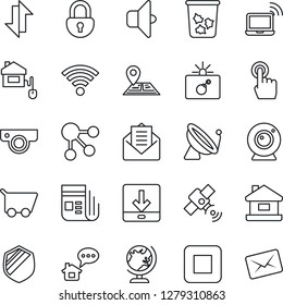 Thin Line Icon Set - satellite antenna vector, trash bin, bomb in case, wireless notebook, globe, navigation, shield, news, touch screen, mail, stop button, data exchange, download, lock, house