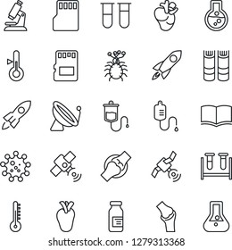 Thin Line Icon Set - satellite antenna vector, book, blood test vial, dropper, microscope, ampoule, real heart, joint, virus, sd, thermometer, rocket, flask