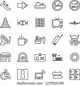 Thin Line Icon Set - satellite antenna vector, suitcase, baggage conveyor, hot cup, cafe, passport control, escalator, no laptop, smoking, signpost, female, tv, vip, wireless notebook, disabled, sun