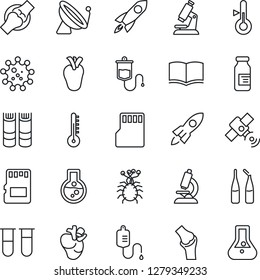 Thin Line Icon Set - satellite antenna vector, book, blood test vial, dropper, microscope, ampoule, real heart, joint, virus, sd, thermometer, rocket, flask