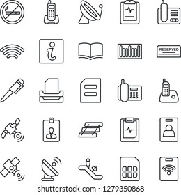 Thin Line Icon Set - satellite antenna vector, escalator, no smoking, identity card, book, pen, document, pulse clipboard, office phone, barcode, radio, sim, wireless, paper tray, reserved, pass