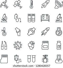 Thin Line Icon Set - satellite antenna vector, book, blood test vial, dropper, microscope, ampoule, real heart, joint, virus, sd, thermometer, rocket, flask