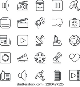 Thin Line Icon Set - satellite antenna vector, clapboard, reel, camera, microphone, radio, news, speaker, loudspeaker, network, phone, finger down, heart, battery, play button, pause, hdmi, record
