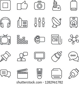 Thin Line Icon Set - satellite antenna vector, clapboard, camera, news, tv, settings, equalizer, video, remote control, dialog, speaker, headphones, monitor, radio phone, share, finger up, paper pin