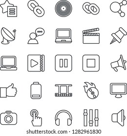 Thin Line Icon Set - satellite antenna vector, clapboard, film frame, vinyl, flame disk, camera, loudspeaker, settings, touch screen, speaker, headphones, monitor, laptop pc, share, chain, finger up