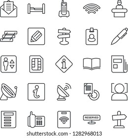 Thin Line Icon Set - satellite antenna vector, elevator, reception, book, pen, document, reload, signpost, office phone, mail, sim, notes, wireless, face id, news, paper tray, bedroom, reserved