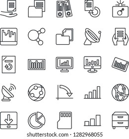 Thin Line Icon Set - satellite antenna vector, bomb in case, office binder, crisis graph, document, statistic monitor, reload, folder, barcode, network, share, scanner, sd, download, statistics, bar