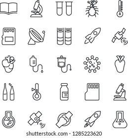Thin Line Icon Set - satellite antenna vector, book, blood test vial, dropper, microscope, ampoule, real heart, joint, virus, sd, thermometer, rocket, flask