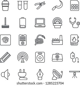 Thin Line Icon Set - satellite antenna vector, pencil, rake, bucket, pruner, hose, sickle, doctor case, stethoscope, blood test vial, dropper, tomography, speaker, laptop pc, low battery, sim