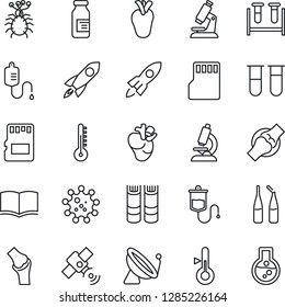 Thin Line Icon Set - satellite antenna vector, book, blood test vial, dropper, microscope, ampoule, real heart, joint, virus, sd, thermometer, rocket, flask