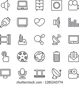 Thin Line Icon Set - satellite antenna vector, film frame, reel, archive chest, speaker, equalizer, tv, video camera, microphone, network, touch screen, monitor, laptop pc, radio phone, share, heart