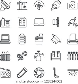 Thin Line Icon Set - satellite antenna vector, camera, pencil, ripper, garden sprayer, blood test vial, radio, speaker, phone, battery, hdmi, mobile, sim, paper tray, notebook pc, copier, sun panel