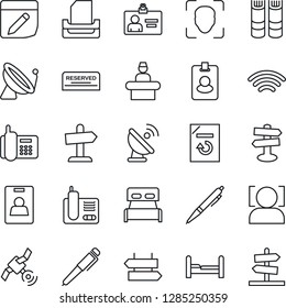 Thin Line Icon Set - satellite antenna vector, signpost, reception, identity card, book, document reload, office phone, radio, notes, wireless, face id, paper tray, pen, bedroom, reserved, pass