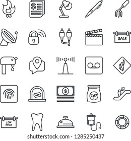 Thin Line Icon Set - satellite antenna vector, escalator, ticket office, garden fork, fire, fertilizer, dropper, tooth, mobile tracking, receipt, clapboard, rca, record, fingerprint id, desk lamp