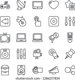 Thin Line Icon Set - satellite antenna vector, flame disk, microphone, loudspeaker, tv, gamepad, settings, video camera, remote control, touch screen, laptop pc, speaker, favorites list, heart