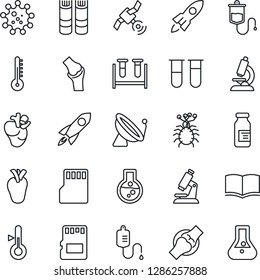 Thin Line Icon Set - satellite antenna vector, book, blood test vial, dropper, microscope, ampoule, real heart, joint, virus, sd, thermometer, rocket, flask