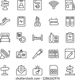 Thin Line Icon Set - satellite antenna vector, escalator, signpost, bomb in case, identity card, book, pen, document reload, pulse clipboard, office phone, radio, mail, sim, notes, wireless, news