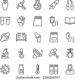 Thin Line Icon Set - satellite antenna vector, book, blood test vial, dropper, microscope, ampoule, real heart, joint, virus, sd, thermometer, rocket, flask