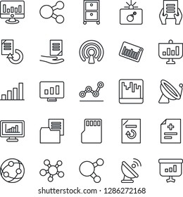 Thin Line Icon Set - satellite antenna vector, bomb in case, document, statistic monitor, reload, diagnosis, folder, barcode, network, share, scanner, sd, statistics, bar graph, point, archive box