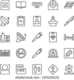 Thin Line Icon Set - satellite antenna vector, elevator, no smoking, reception, book, pen, document, pulse clipboard, barcode, radio phone, mail, notes, face id, news, identity card, paper tray
