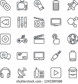 Thin Line Icon Set - satellite antenna vector, clapboard, radio, tv, gamepad, settings, network, touch screen, dialog, headphones, monitor, phone, share, chain, paper pin, battery, low, mail, rewind