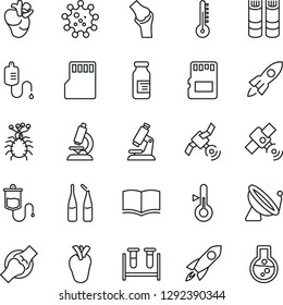 Thin Line Icon Set - satellite antenna vector, book, blood test vial, dropper, microscope, ampoule, real heart, joint, virus, sd, thermometer, rocket, flask