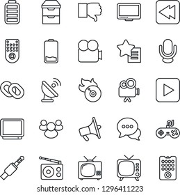 Thin Line Icon Set - satellite antenna vector, flame disk, radio, loudspeaker, tv, gamepad, video camera, microphone, remote control, dialog, monitor, chain, group, finger down, favorites list, low