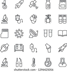 Thin Line Icon Set - satellite antenna vector, book, blood test vial, dropper, microscope, ampoule, real heart, joint, virus, sd, thermometer, rocket, flask