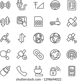 Thin Line Icon Set - satellite vector, network, share, chain, rca, call, sim, data exchange, cellular signal, wireless, power plug, lock, router, home control app