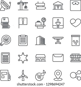 Thin Line Icon Set - satellite antenna vector, signpost, luggage scales, office building, seeds, important flag, store, clipboard, heart, download, place tag, music, news, book, mail, estate search