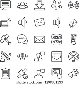 Thin Line Icon Set - satellite antenna vector, wireless notebook, speaking man, mail, clipboard, speaker, remote control, dialog, share, message, download, open close, home app, group, advertising