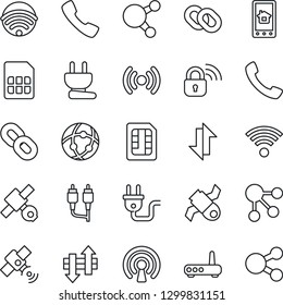 Thin Line Icon Set - satellite vector, share, chain, rca, call, sim, network, data exchange, wireless, power plug, lock, router, home control app, social media