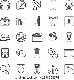Thin Line Icon Set - satellite antenna vector, clapboard, camera, radio, speaker, settings, equalizer, tv, video, microphone, remote control, network, cell phone, headphones, share, chain, group