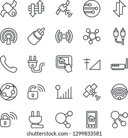 Thin Line Icon Set - satellite vector, network, share, rca, call, data exchange, cellular signal, wireless, power plug, lock, router, home control app, social media