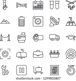 Thin Line Icon Set - satellite antenna vector, fence, baggage trolley, bed, case, graduate, abacus, calendar, blood test vial, car delivery, video camera, battery, pause button, mobile, root setup