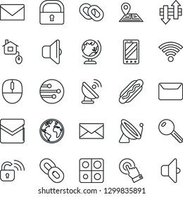 Thin Line Icon Set - satellite antenna vector, globe, mobile phone, mail, mouse, navigation, earth, touch screen, chain, network, data exchange, wireless, lock, application, key, hot dog, sound