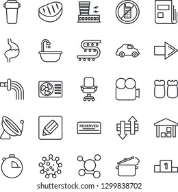 Thin Line Icon Set - satellite antenna vector, no mobile, right arrow, airport building, watering, drip irrigation, stomach, virus, molecule, car delivery, warehouse, video camera, stopwatch, notes