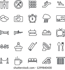 Thin Line Icon Set - satellite antenna vector, fence, suitcase, arrival, baggage conveyor, hot cup, spoon and fork, security gate, escalator, alarm clock, signpost, tv, waiting area, credit card