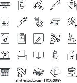 Thin Line Icon Set - satellite antenna vector, bomb in case, reception, flight table, book, document reload, pulse clipboard, office phone, barcode, radio, mail, sim, notes, paper tray, pen