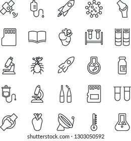 Thin Line Icon Set - satellite antenna vector, book, blood test vial, dropper, microscope, ampoule, real heart, joint, virus, sd, thermometer, rocket, flask