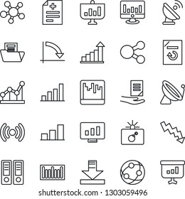Thin Line Icon Set - satellite antenna vector, bomb in case, growth statistic, office binder, crisis graph, document, monitor, reload, diagnosis, barcode, network, share, scanner, download, bar