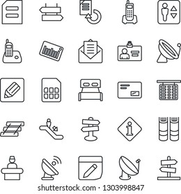 Thin Line Icon Set - satellite antenna vector, elevator, escalator, signpost, reception, flight table, identity card, book, document, reload, office phone, barcode, radio, mail, sim, notes, bedroom