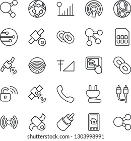 Thin Line Icon Set - satellite vector, network, share, chain, rca, call, sim, cellular signal, wireless, power plug, lock, home control app, social media