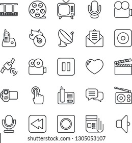 Thin Line Icon Set - satellite antenna vector, clapboard, film frame, reel, flame disk, radio, news, tv, video camera, microphone, touch screen, dialog, phone, heart, mail, pause button, rewind, rec