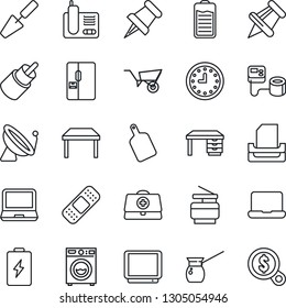 Thin Line Icon Set - satellite antenna vector, desk, trowel, wheelbarrow, doctor case, blood pressure, patch, clock, tv, laptop pc, radio phone, paper pin, battery, rca, tray, notebook, copier