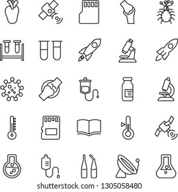 Thin Line Icon Set - satellite antenna vector, book, blood test vial, dropper, microscope, ampoule, real heart, joint, virus, sd, thermometer, rocket, flask