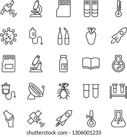 Thin Line Icon Set - satellite antenna vector, book, blood test vial, dropper, microscope, ampoule, real heart, joint, virus, sd, thermometer, rocket, flask