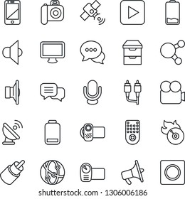 Thin Line Icon Set - satellite antenna vector, flame disk, camera, speaker, loudspeaker, video, microphone, remote control, network, cell phone, dialog, monitor, share, low battery, play button, rca