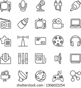 Thin Line Icon Set - satellite antenna vector, reel, microphone, radio, news, speaker, tv, gamepad, settings, video camera, network, headphones, laptop pc, favorites list, mail, rca, hdmi