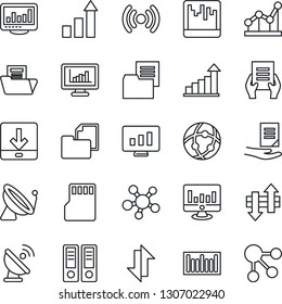 Thin Line Icon Set - satellite antenna vector, growth statistic, office binder, document, monitor, folder, barcode, share, scanner, sd, network, data exchange, download, statistics, point graph